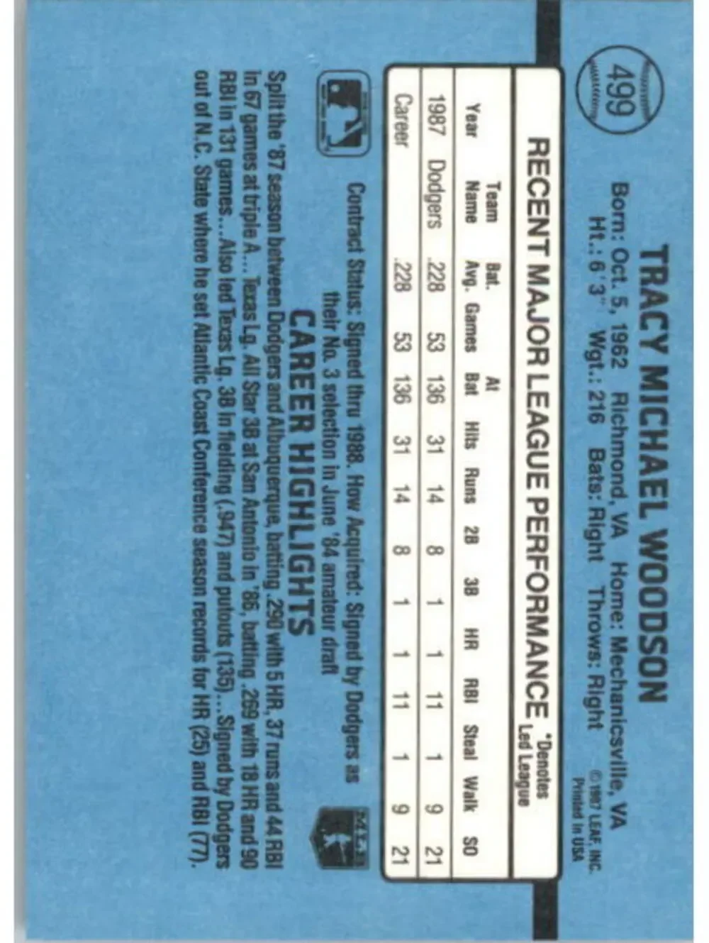 1988 Tracy Woodson Donruss Baseball Card #499